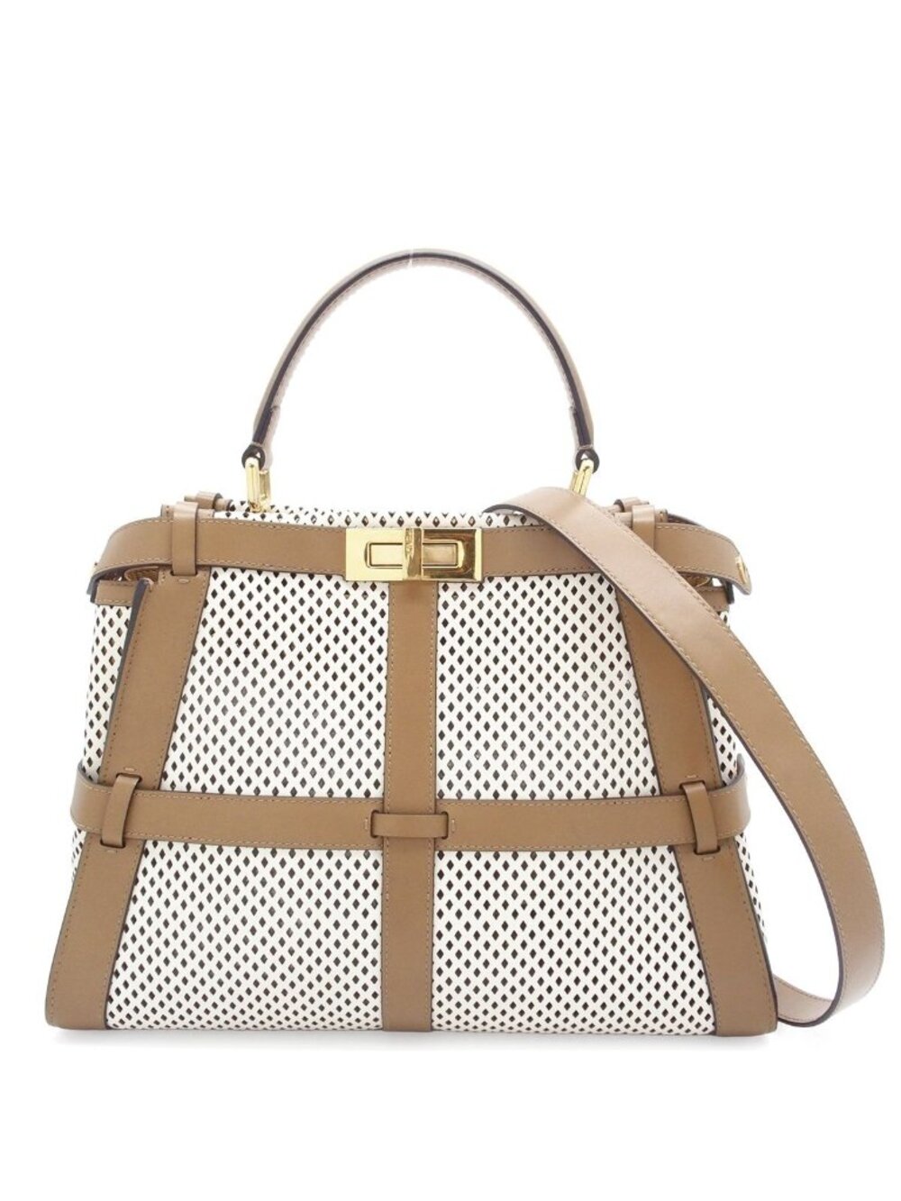 Fendi Peekaboo Iconic Ivory Brown Regular Perforated Leather 2-Way Handbag